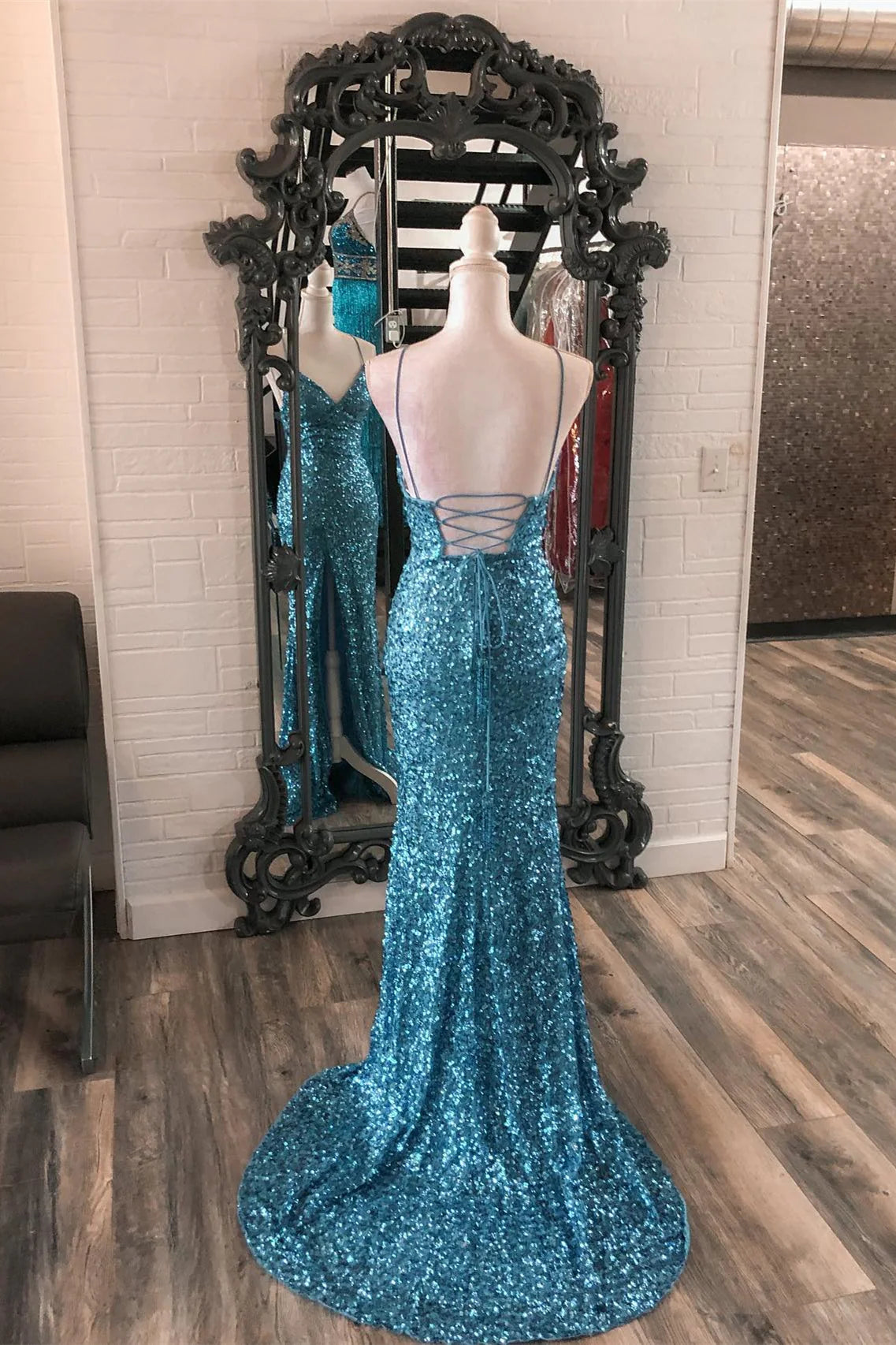 Weitese Dress Spaghetti Straps Blue Sequin Mermaid Formal Dress Maxi Dress Prom Dress